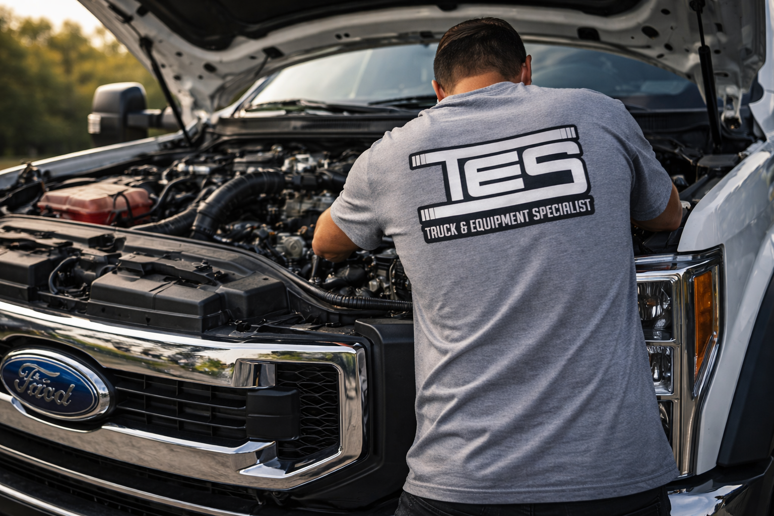 TES mechanic working on Ford truck engine
